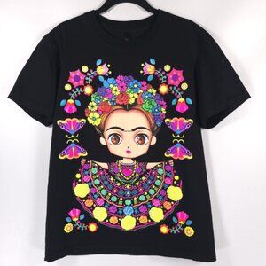FRIDA KHALO Art Print Floral‎ Multi T-Shirt MEXICO MADE 100% Cotton Size MEDIUM